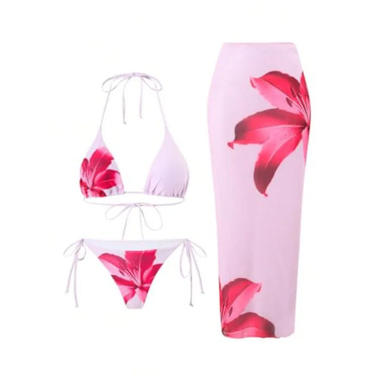 Womens 3pcs Swimsuit Floral Halter Triangle Bikini Top Tie Side Bottom with Long Sheer Cover Up Skirt