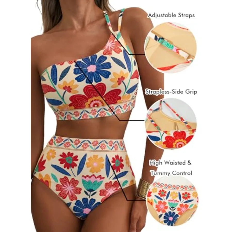 Women's High Waisted Bikini Sets One Shoulder Floral Print Swimsuits 2 Pcs Tummy Control Bathing Suits