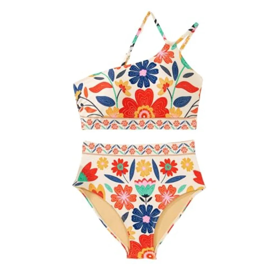 Women's High Waisted Bikini Sets One Shoulder Floral Print Swimsuits 2 Pcs Tummy Control Bathing Suits