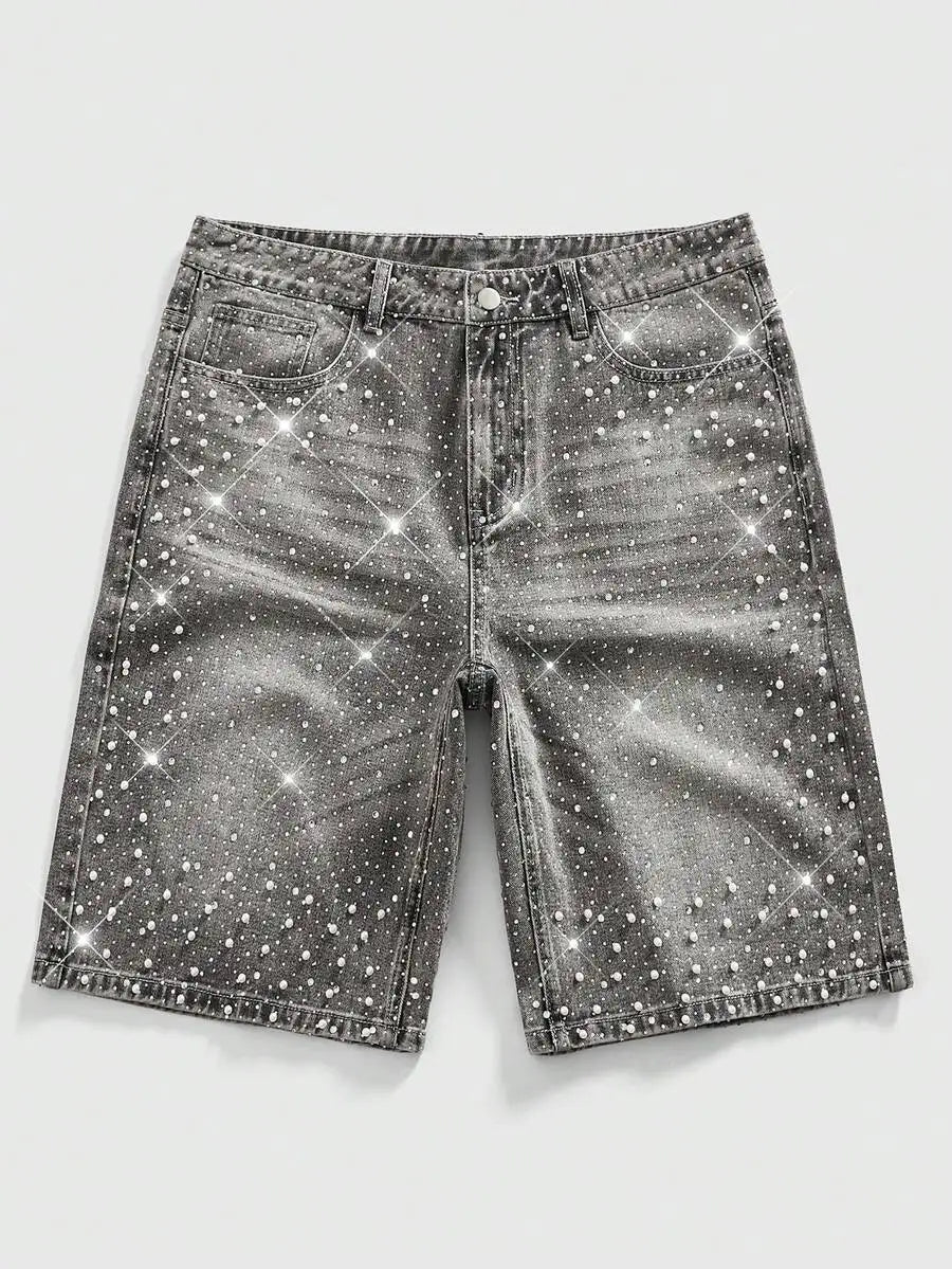 ROMWE MEN Street Life Spring/Summer Casual Men'S Pearl & Diamond Decor Loose Denim Shorts