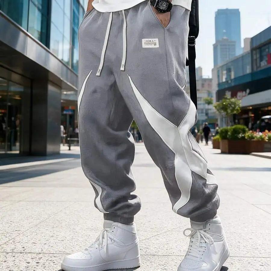 Elastic Waist Drawstring Design Spliced Color-Block Joggers, Spring Autumn Fashion Cuffed Casual Long Pants, Suitable For Daily