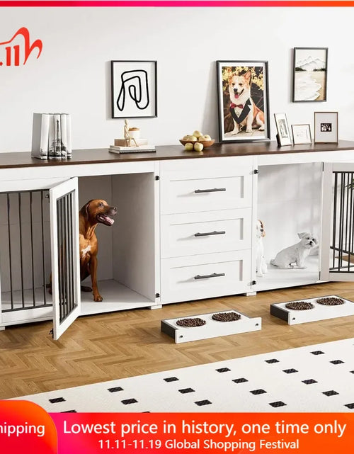 Load image into Gallery viewer, 94.5&quot; Dog Crate, Dogs Kennel Furniture with 3 Storage Drawer, Wooden Dogs Cage with 4 Bowls, Dog House TV Stand with Locks
