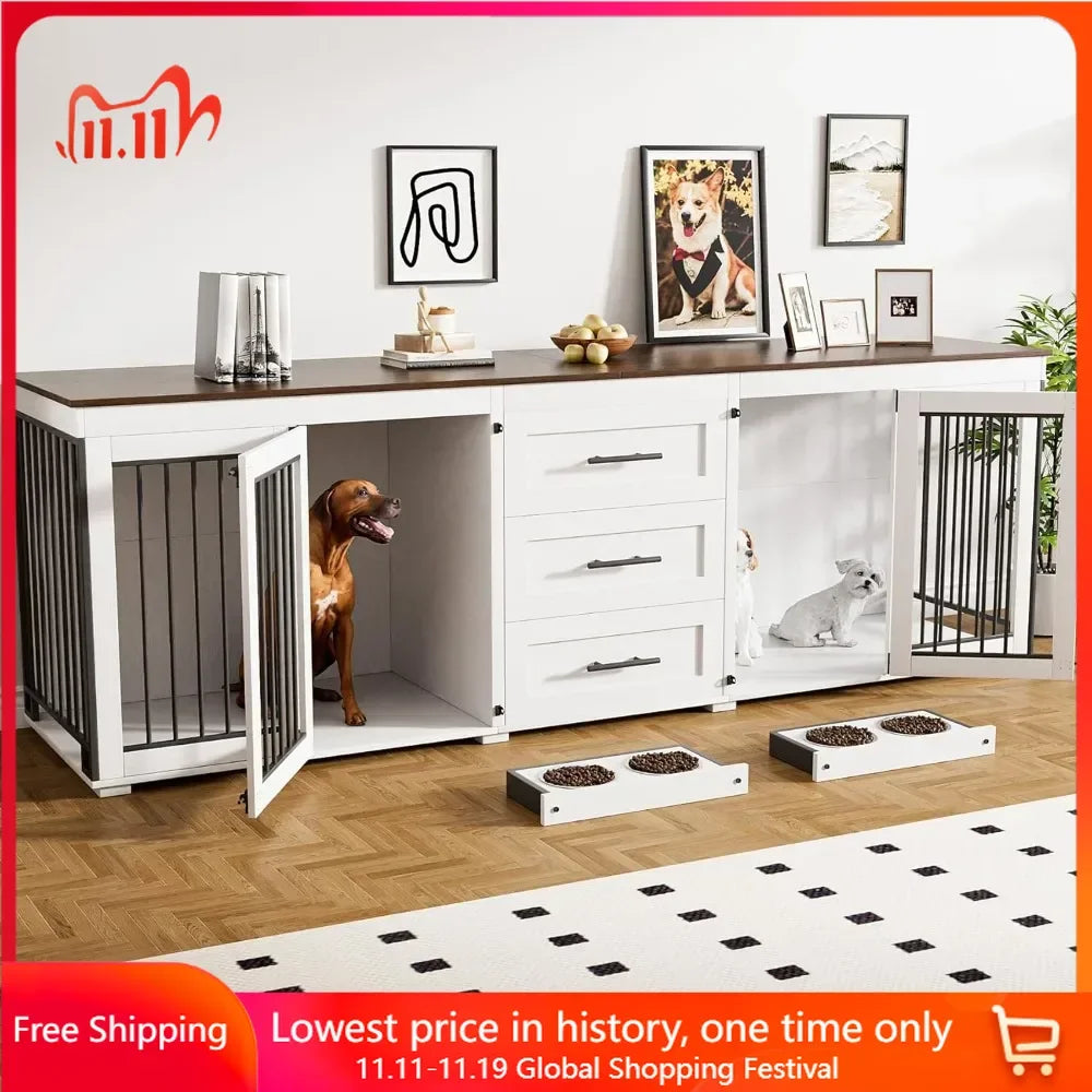 94.5" Dog Crate, Dogs Kennel Furniture with 3 Storage Drawer, Wooden Dogs Cage with 4 Bowls, Dog House TV Stand with Locks