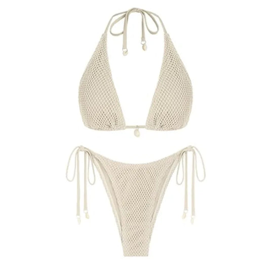 Women's Triangle Bikini Multiway Fishnet Tie Side Bandeau Halter String Bikini Set Two Pcs Swimsuit Bathing Suits