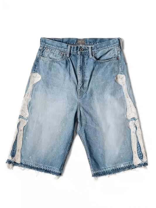 Retro Denim Shorts Y2k Casual Embroidered Bone Denim Shorts