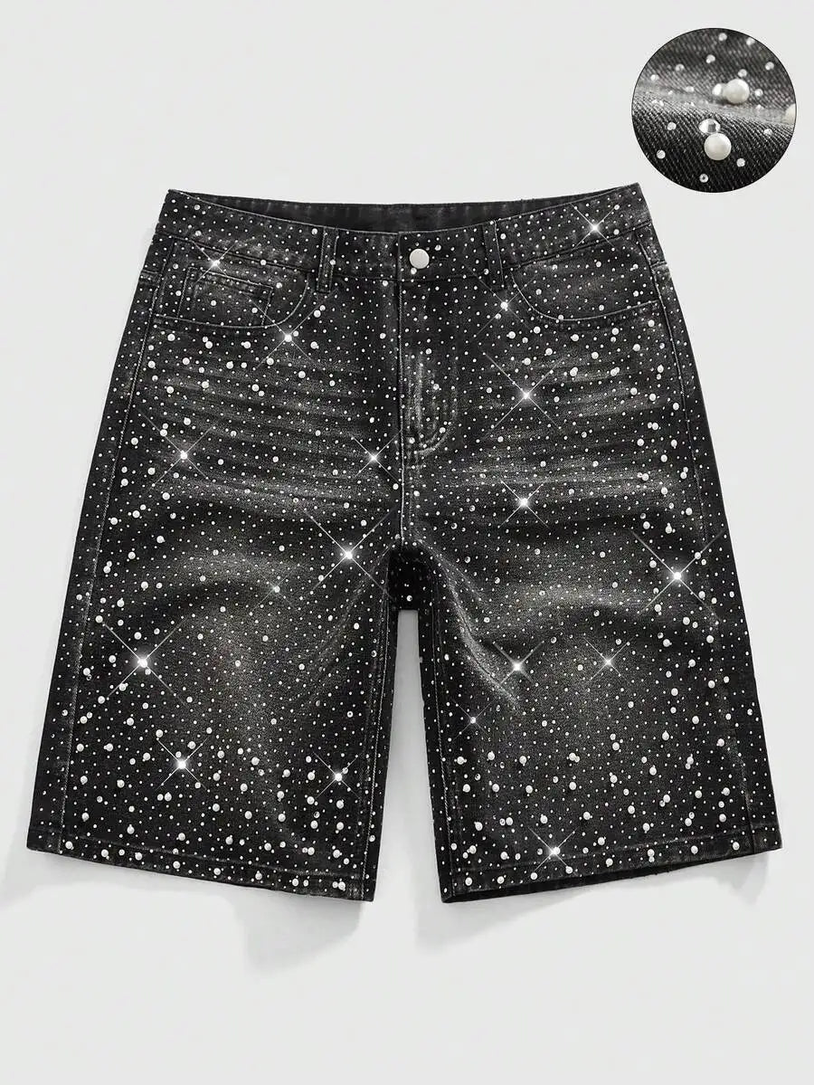 ROMWE MEN Street Life Spring/Summer Casual Men'S Pearl & Diamond Decor Loose Denim Shorts