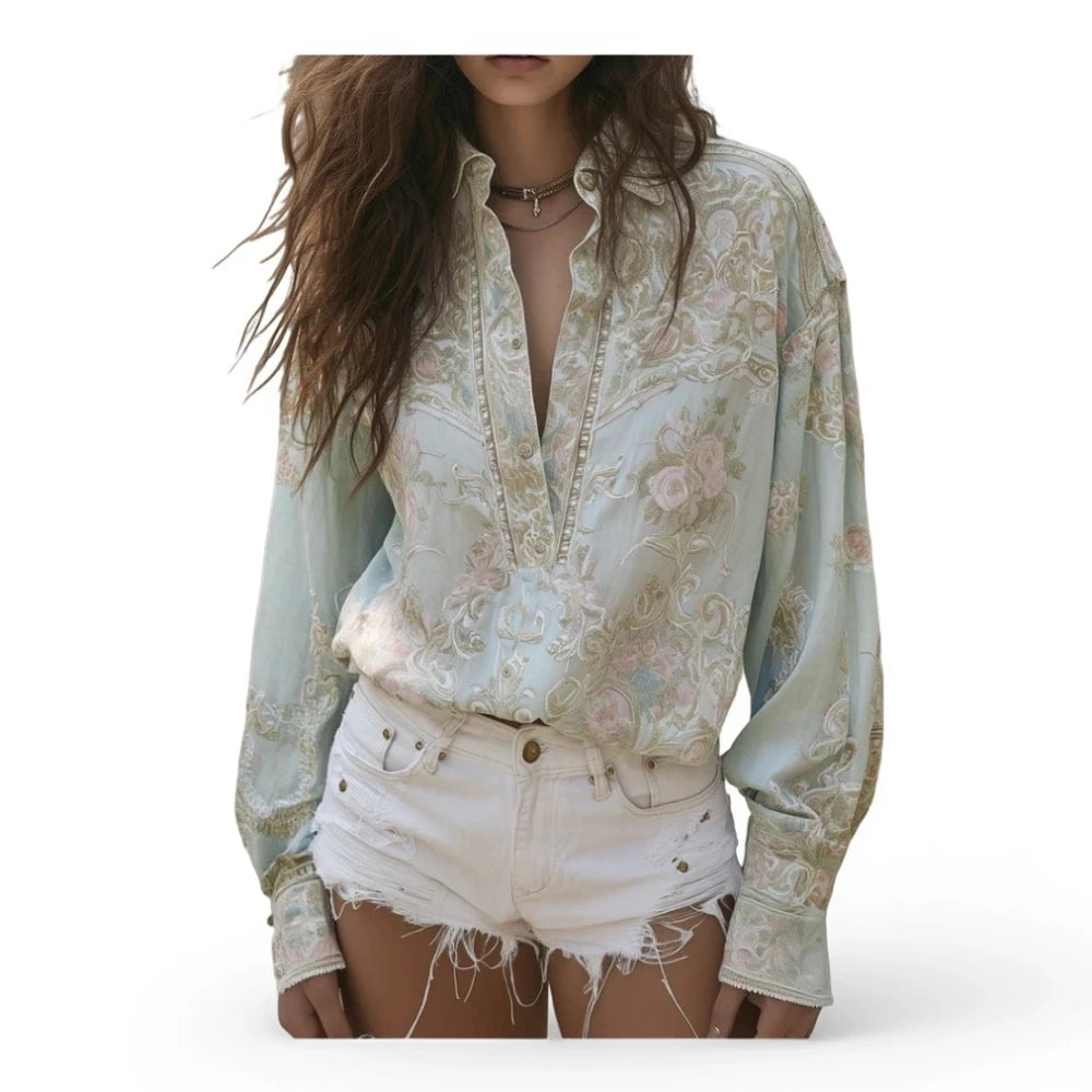Women Lapel Collar Long Sleeve Loose‑Fit Floral Print Shirt Casual V Neck Pullover Top For Daily Outdoor Vacation Street‑Wear
