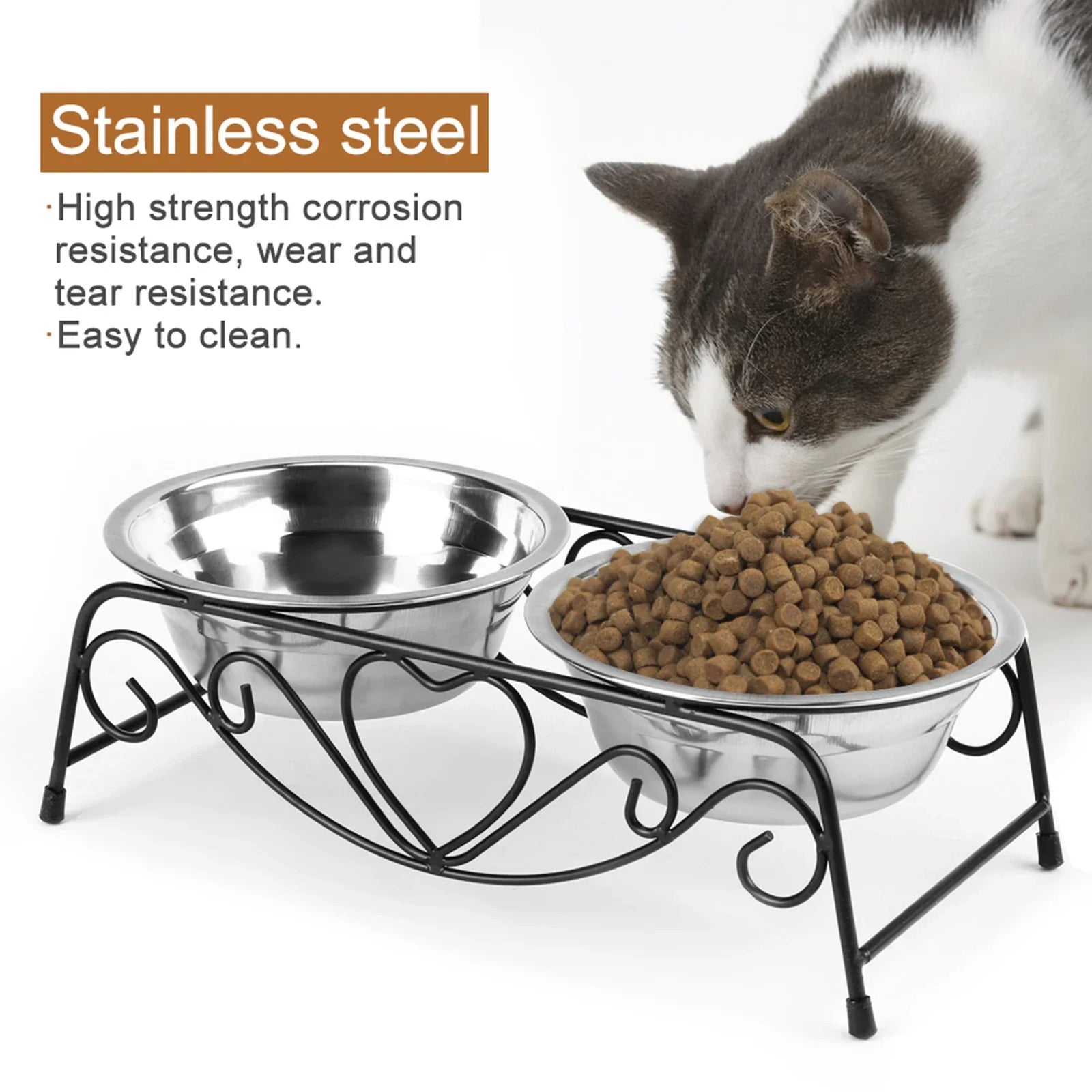 Pet Dog Cat Feeder Bowl Stainless Steel Double Bowl  Cat Dish Bowl for Puppy Elevated Stand for Pet Feeding & Watering Supplies