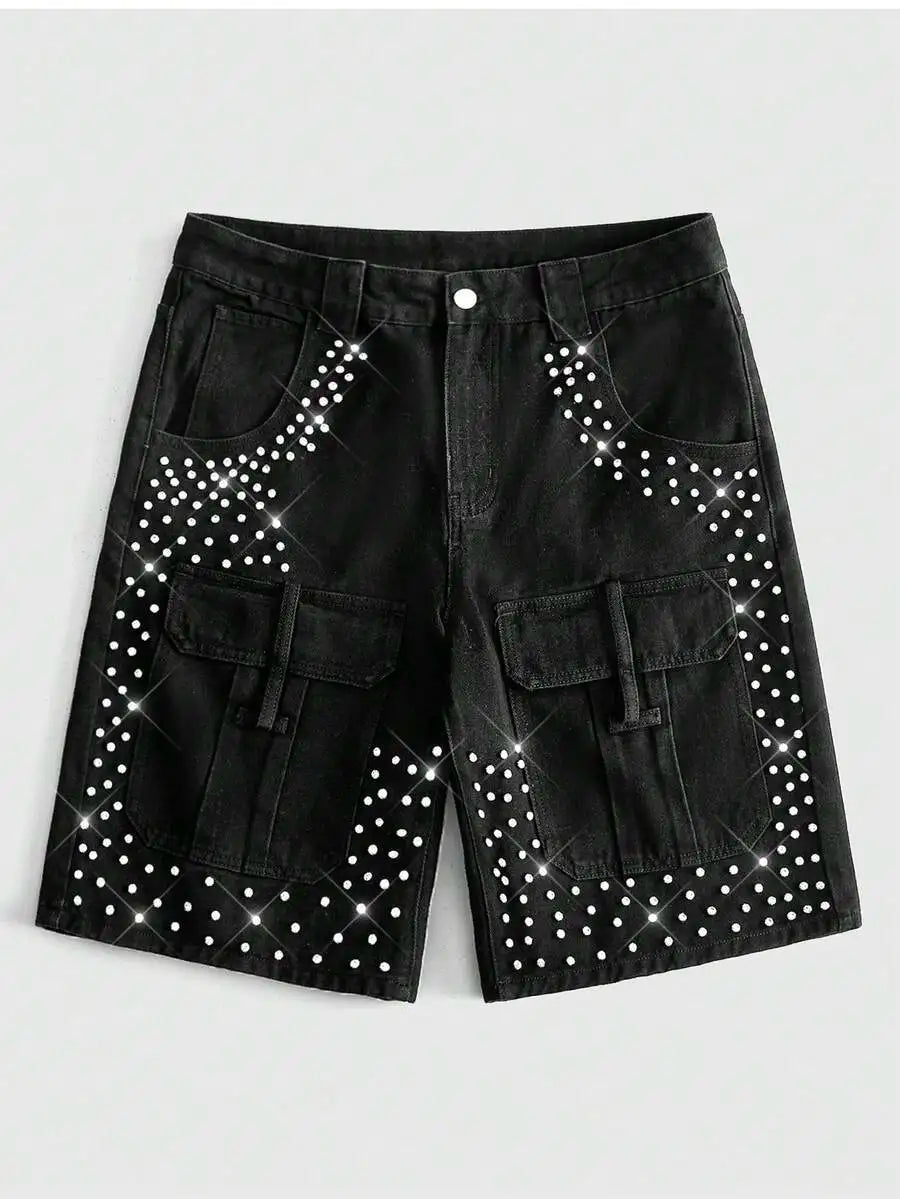 ROMWE MEN Street Life Spring/Summer Casual Men'S Pearl & Diamond Decor Loose Denim Shorts
