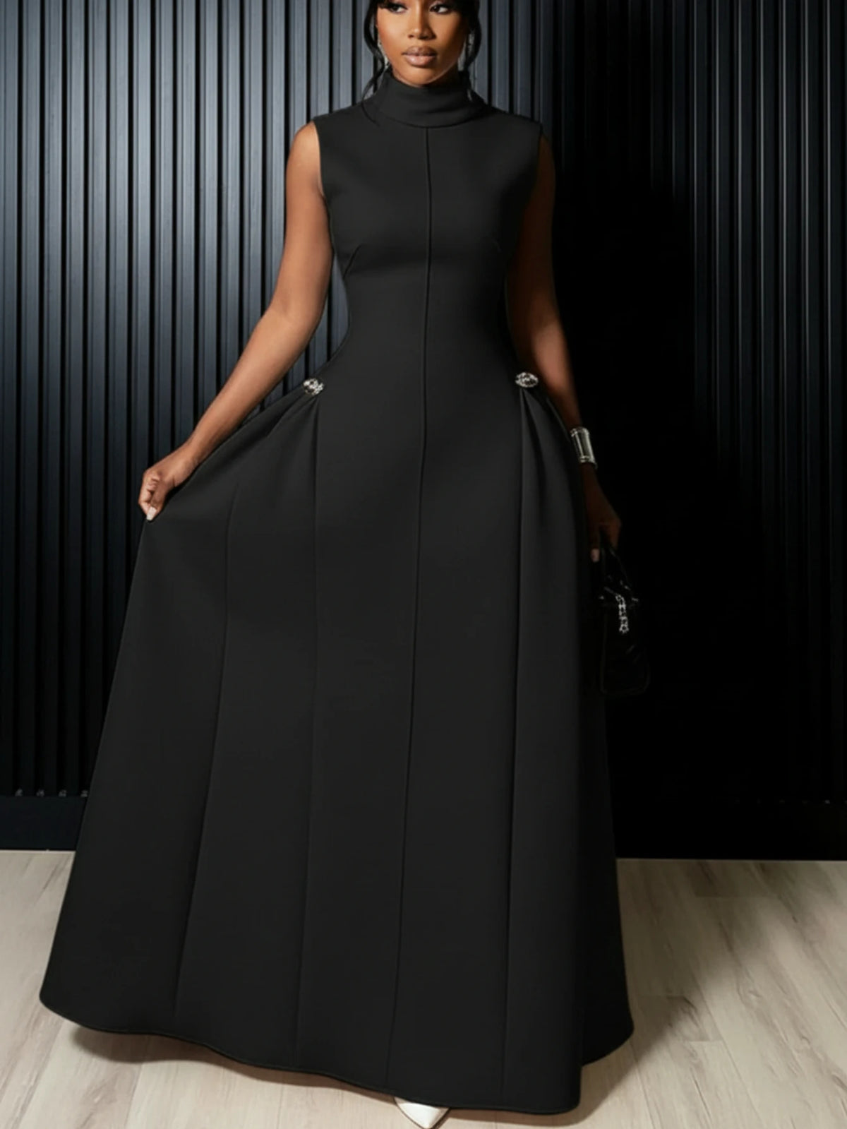 Women High Neck Sleeveless Fitted Floor Length Maxi Dress With Side Flared Detail For Formal Gala Wedding And Evening Party Occasion