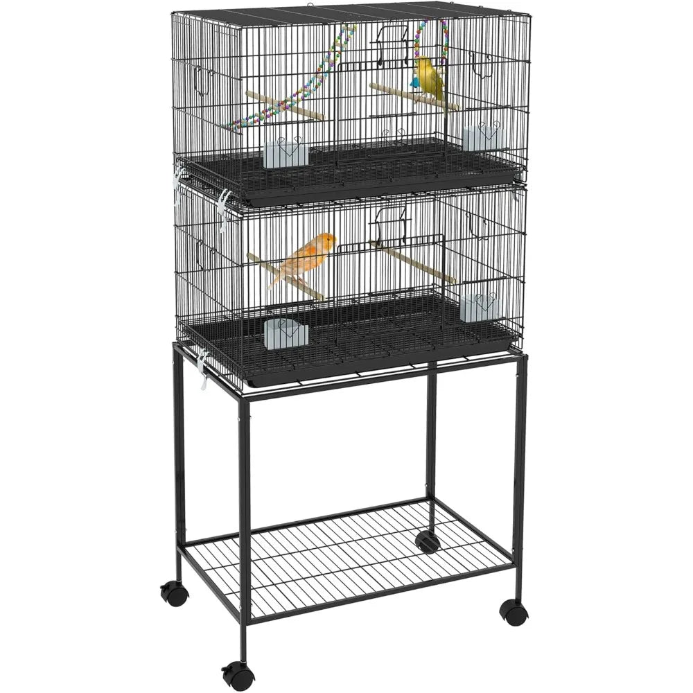 Double Stackable Bird Cage with Stand, Wooden Swing, Rope Ladder & Wheels for Canaries, Lovebirds Finches