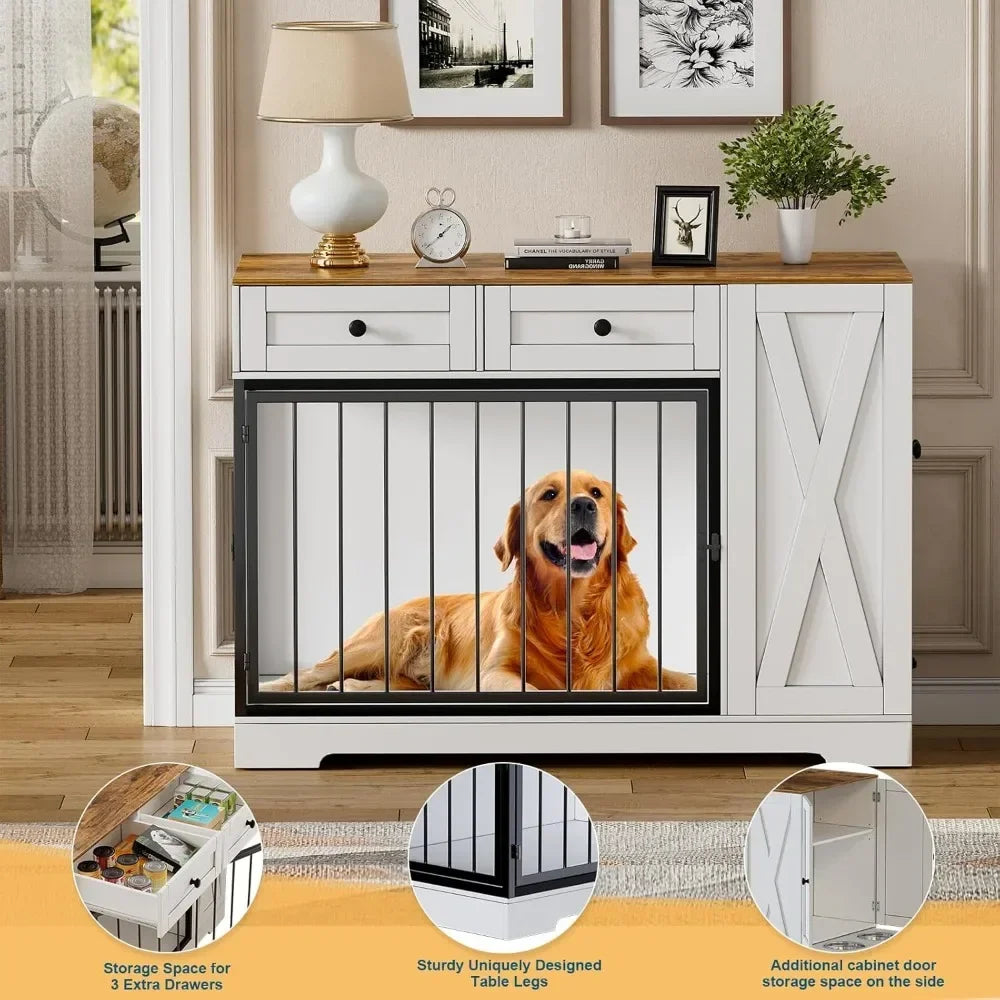 Dog Crate Furniture Kennel with Double Doors, Wooden Pet House with 2 Drawers and Pet Feeder Station Storage Cabinet