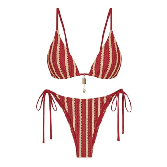 Crochet Bikini Sets for Women Cheeky Boho Bathing Suits Striped Brazilian High Cut Thong Bikini Swimsuit for Vacation