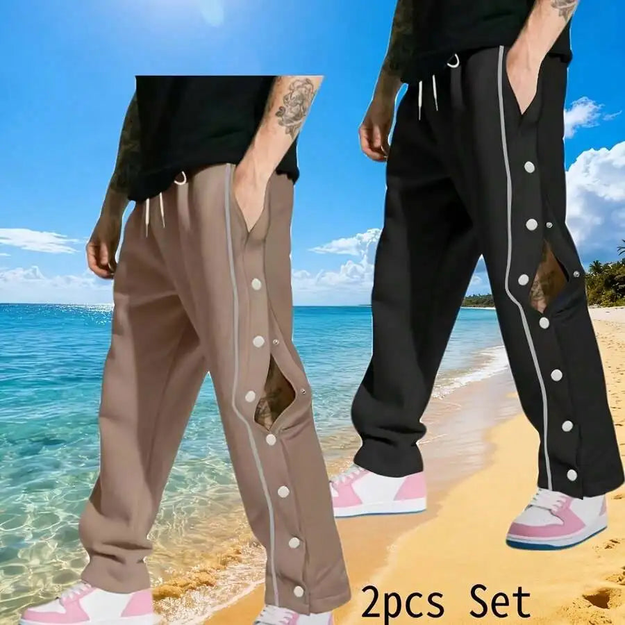 2pcs Set Mens Snap Button Workout Sweatpants, Loose Fit Straight Tear Away Running Jogger Pants, Casual Stylish Gym Yoga