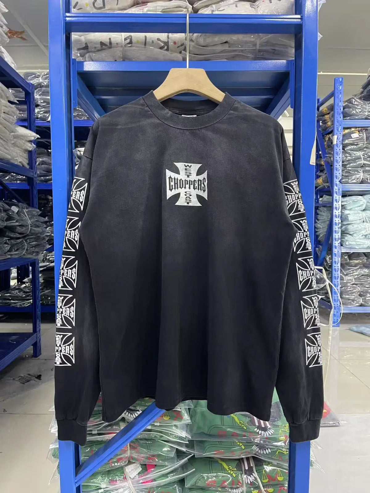 New Y2K Saint × West-Coast Choppers Co branded long sleeved washed distressed cross print 100% pure cotton loose men's long sleeved T-shirt