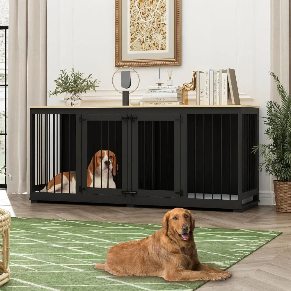 Dog Crates, Heavy Duty Wooden Kennel with Tray & Removable Divider for 2 Dogs, Indoor Style Pet Crate House TV Stand, Dog Crates