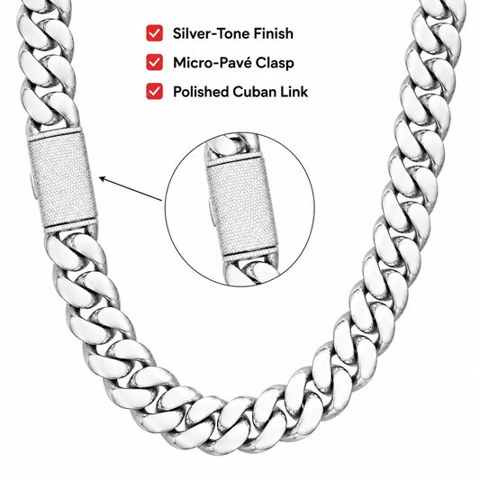 22mm Silvery Tone Miami Cuban Link Chain Necklace for Men, Heavy Chunky Stainless Steel Curb Chain with Iced CZ Box Clasp, Hip Hop Rapper Jewelry, Statement Necklace for Streetwear, Party, Daily Wear, Birthday, Father's Day a