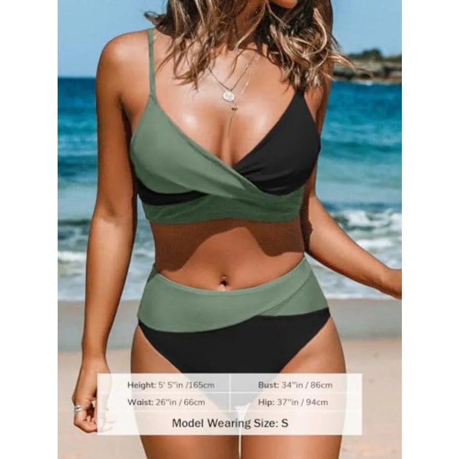 Women's Bikini Sets Two Pcs Swimsuit High Waisted V Neck Twist Front Adjustable Spaghetti Straps Bathing Suit