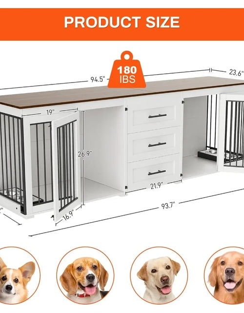 Load image into Gallery viewer, 94.5&quot; Dog Crate, Dogs Kennel Furniture with 3 Storage Drawer, Wooden Dogs Cage with 4 Bowls, Dog House TV Stand with Locks
