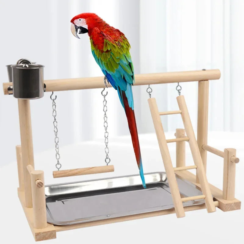 Stand Feeder Plate Playground Solid Pet Plays Wooden Parrot Playstand Wood Ladder With Perch Steel Bird Parrots