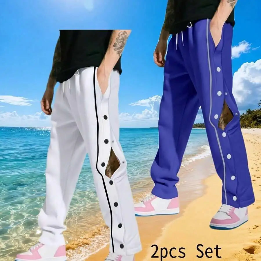 2pcs Set Mens Snap Button Workout Sweatpants, Loose Fit Straight Tear Away Running Jogger Pants, Casual Stylish Gym Yoga