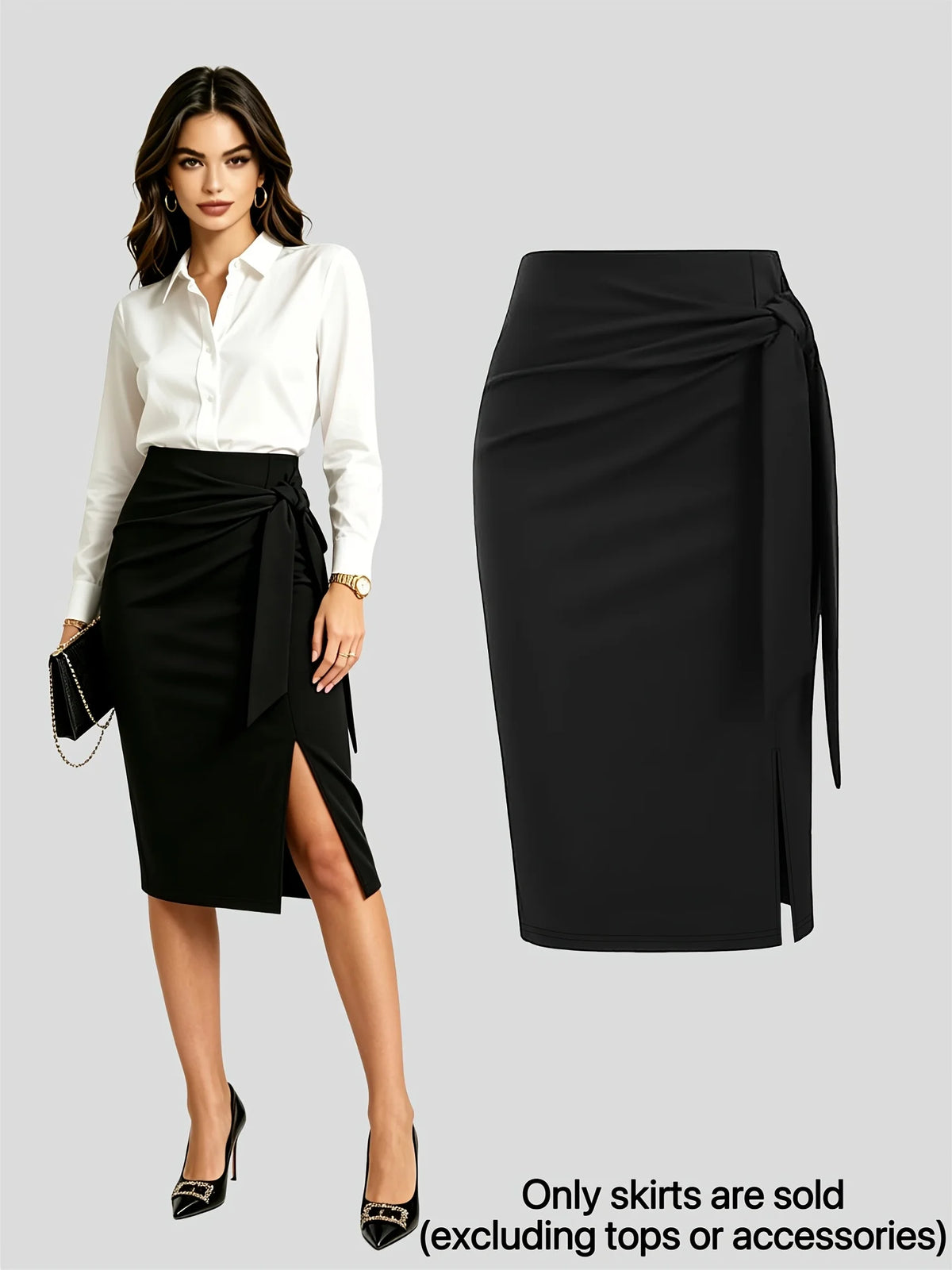 Women Black Wrap Midi Pencil Skirt High Waist Side Knot Tie Ruched Split Office Business Casual Bodycon Skirts