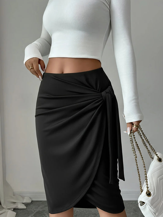 Women Black Wrap Midi Pencil Skirt High Waist Side Knot Tie Ruched Split Office Business Casual Bodycon Skirts