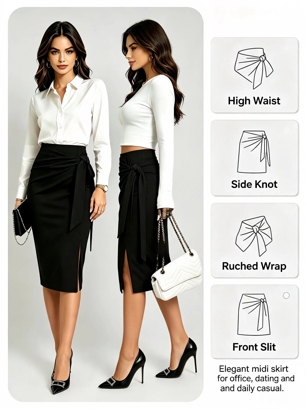Women Black Wrap Midi Pencil Skirt High Waist Side Knot Tie Ruched Split Office Business Casual Bodycon Skirts