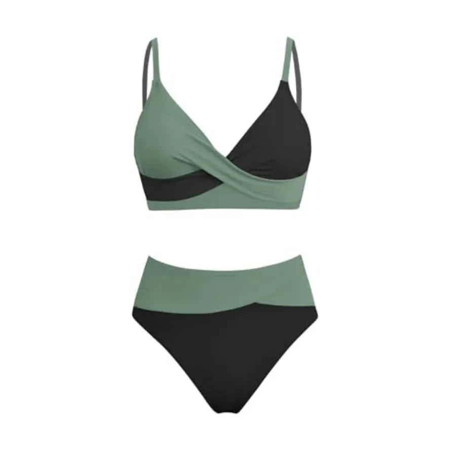 Women's Bikini Sets Two Pcs Swimsuit High Waisted V Neck Twist Front Adjustable Spaghetti Straps Bathing Suit