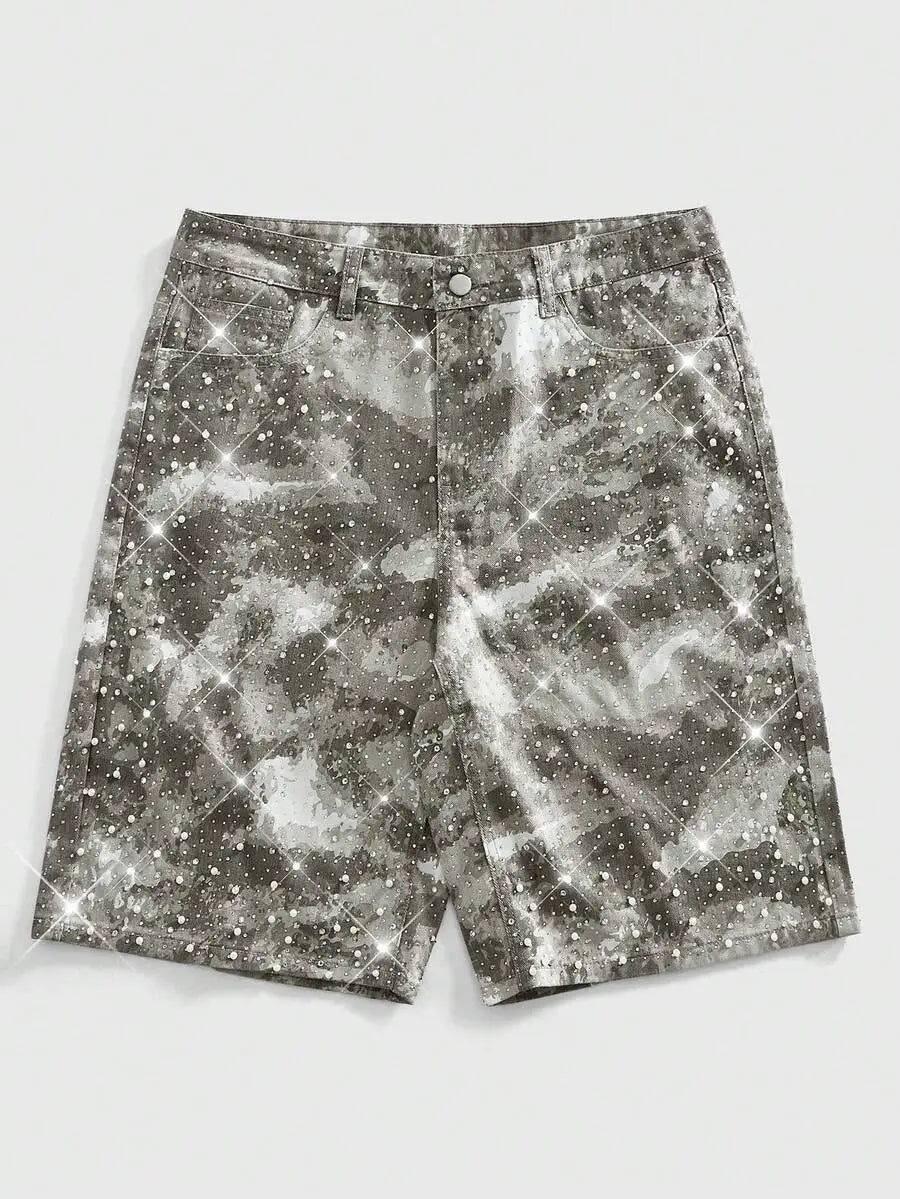 ROMWE MEN Street Life Spring/Summer Casual Men'S Pearl & Diamond Decor Loose Denim Shorts