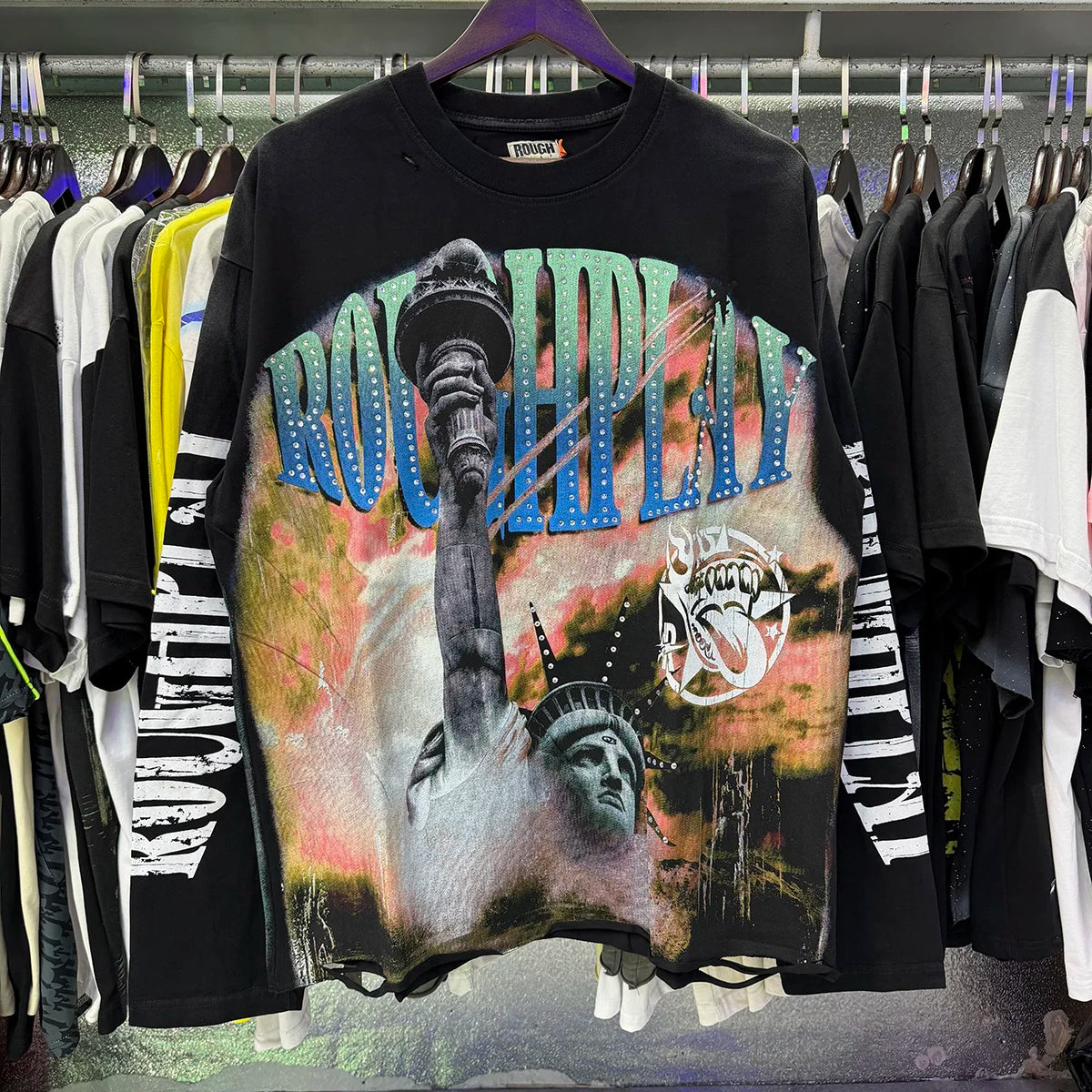 New American Style Rough Play Splicing Shinning Diamond 100% Cotton long sleeves T-shirts for Men Women Crew Neck Loose Summer T-shirt Oversized Tees