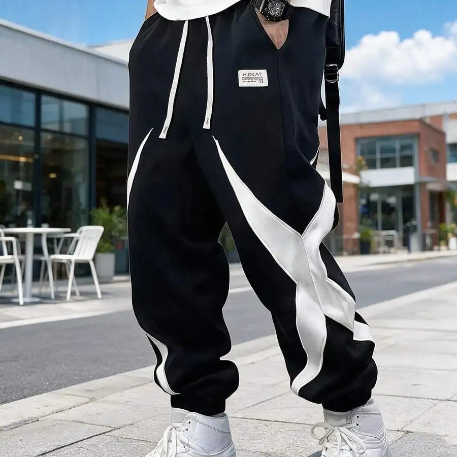 Elastic Waist Drawstring Design Spliced Color-Block Joggers, Spring Autumn Fashion Cuffed Casual Long Pants, Suitable For Daily