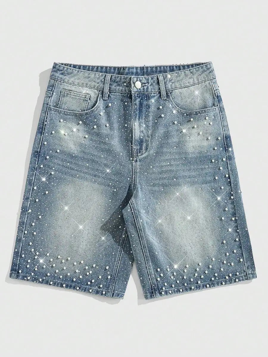 ROMWE MEN Street Life Spring/Summer Casual Men'S Pearl & Diamond Decor Loose Denim Shorts
