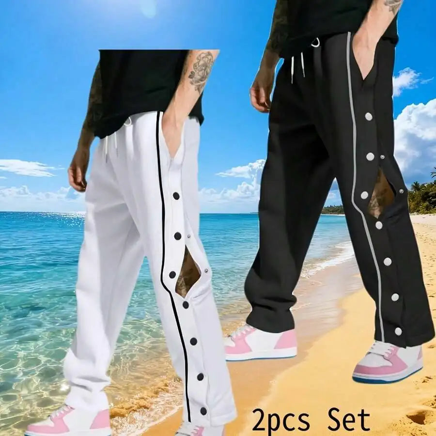 2pcs Set Mens Snap Button Workout Sweatpants, Loose Fit Straight Tear Away Running Jogger Pants, Casual Stylish Gym Yoga