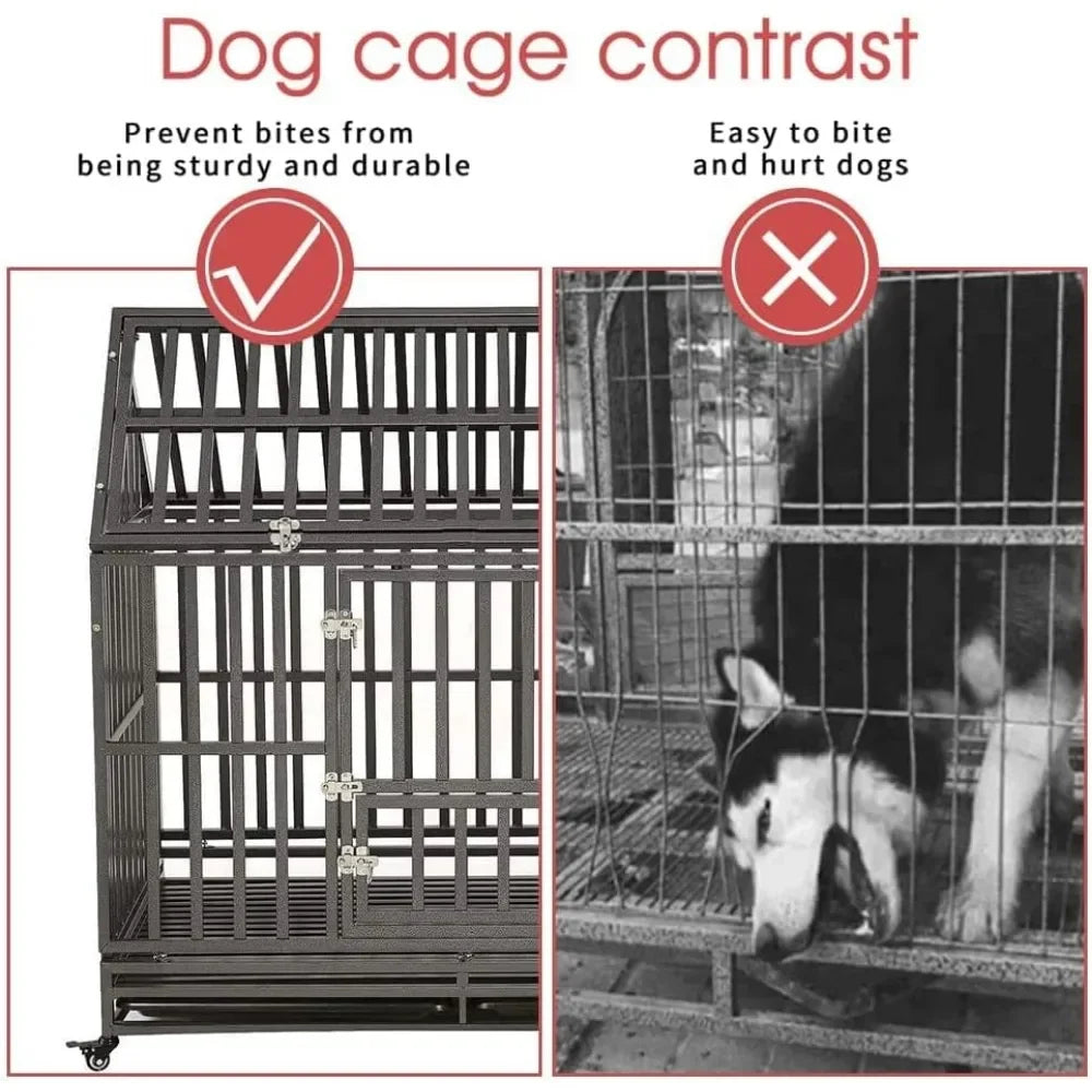 Dog Cage 48" Heavy Duty Dog Crate Strong Metal Cage House Shape Pet Kennel Crate Playpen with 4 Locking Wheels