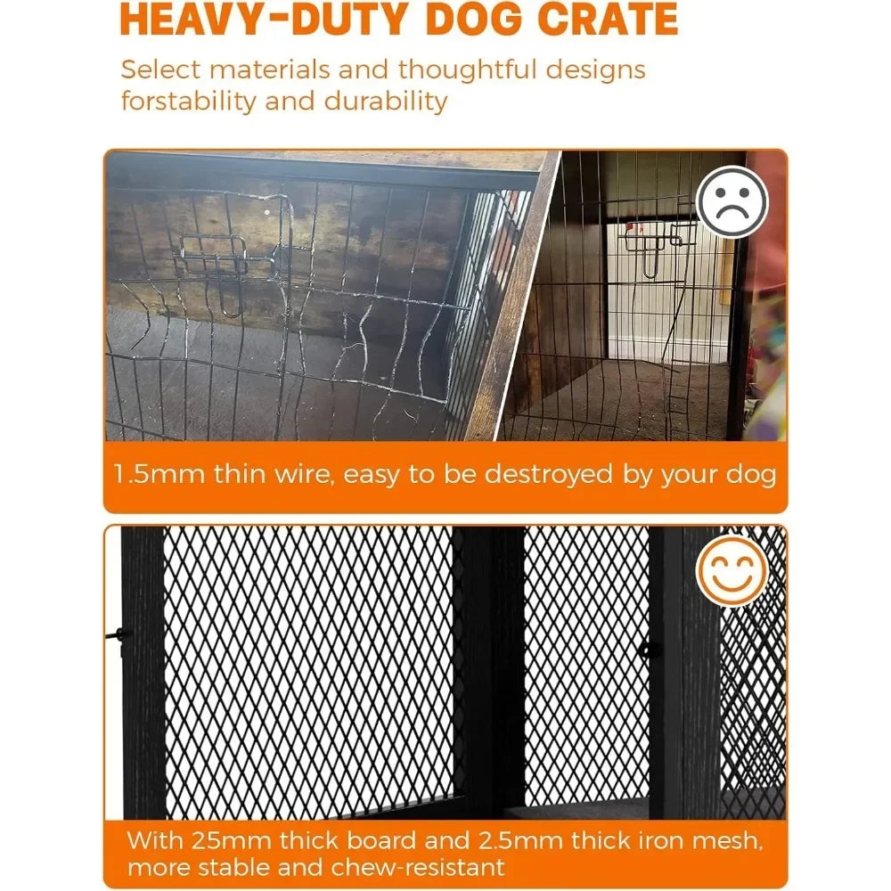 Dog Crate with Tray and Cushion, Double Doors Wooden Dog Kennel End Table, Decorative Pet Crate House Cage Indoor