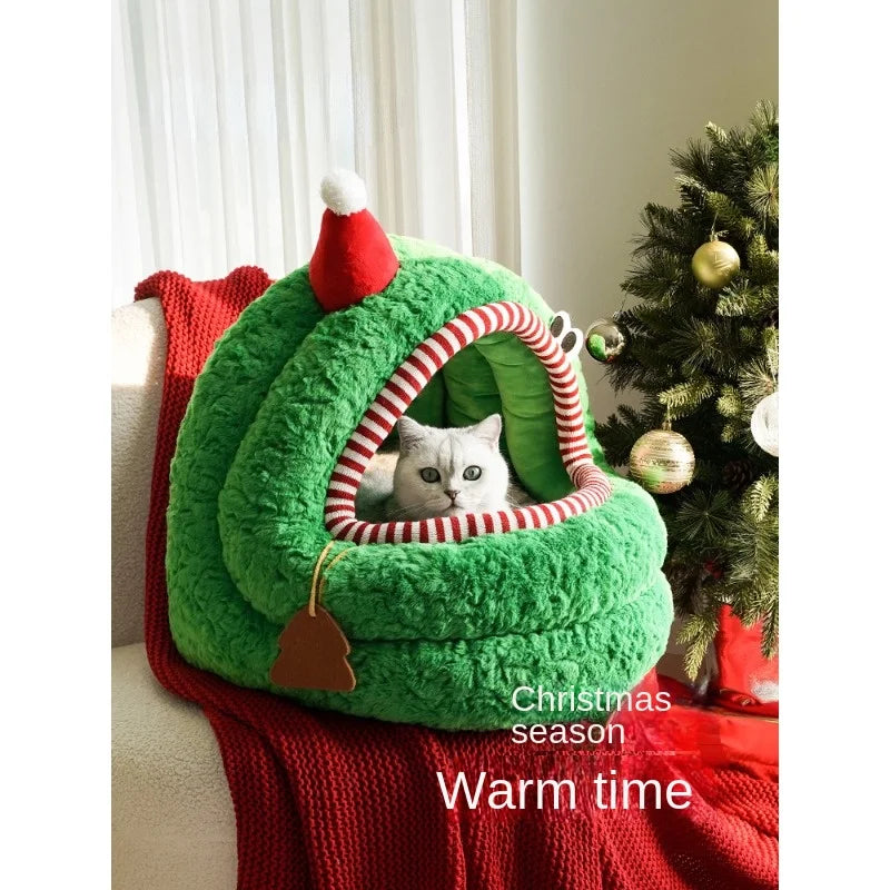 Christmas Bag Mongolian  Cat Nest Winter Warm  Large Space Semi-Enclosed Removable and Washable Pet Bed