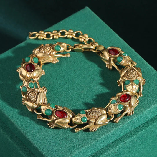 Vintage Jewelry Antique Gold Color Toad Bracelets For Women Chain Imitated Glaze Red Green
