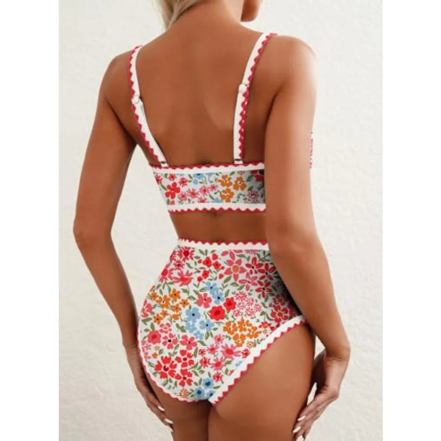 Women's Bikini Sets Floral Print Whip Stitch 2 Pcs Swimsuits High Waisted Scoop Bathing Suits