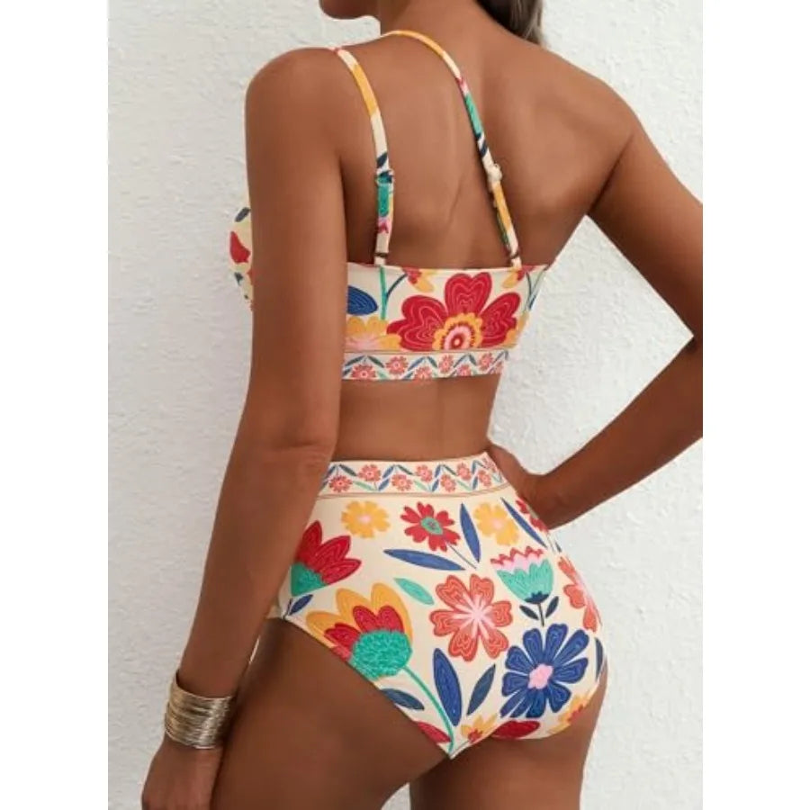 Women's High Waisted Bikini Sets One Shoulder Floral Print Swimsuits 2 Pcs Tummy Control Bathing Suits