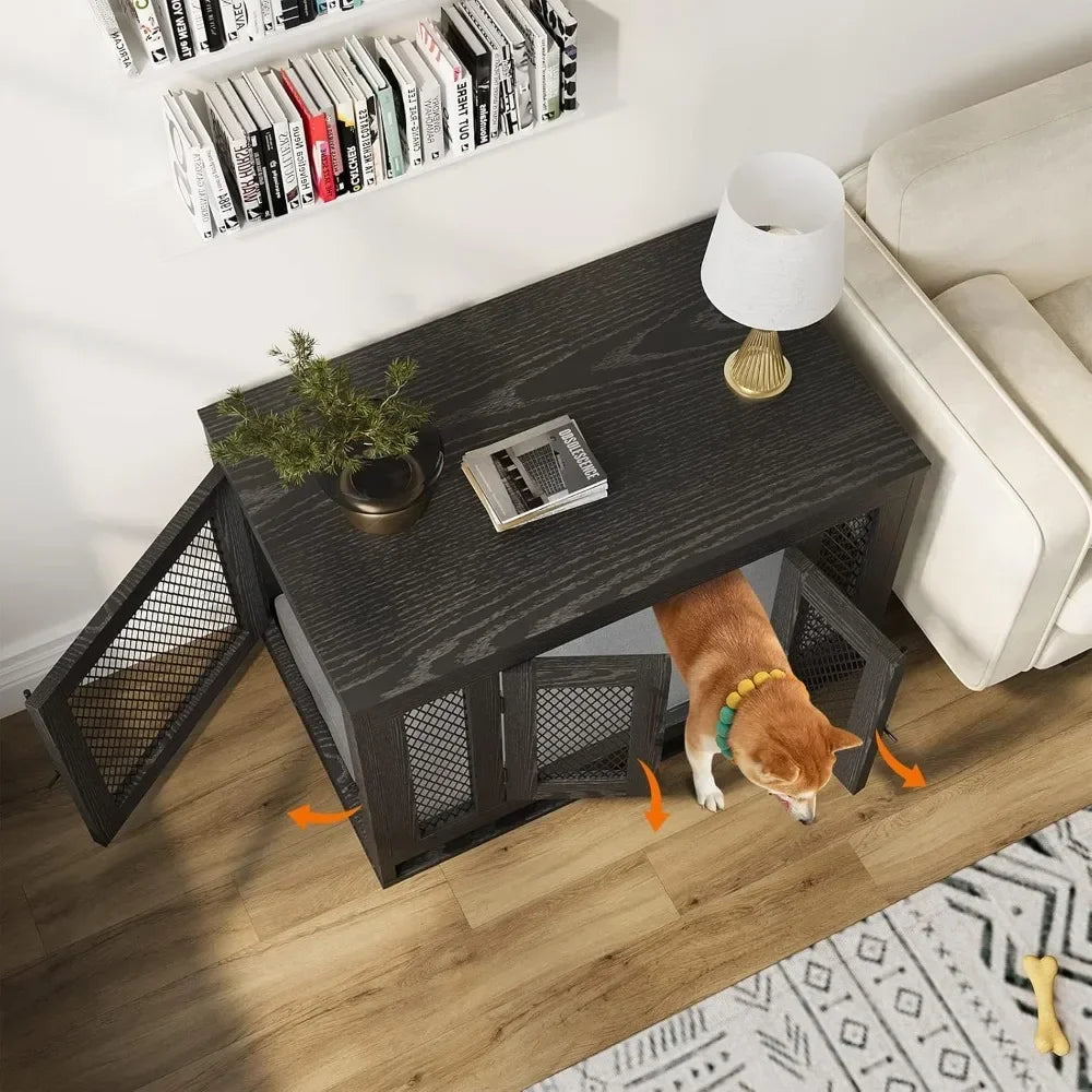 Dog Crate with Tray and Cushion, Double Doors Wooden Dog Kennel End Table, Decorative Pet Crate House Cage Indoor