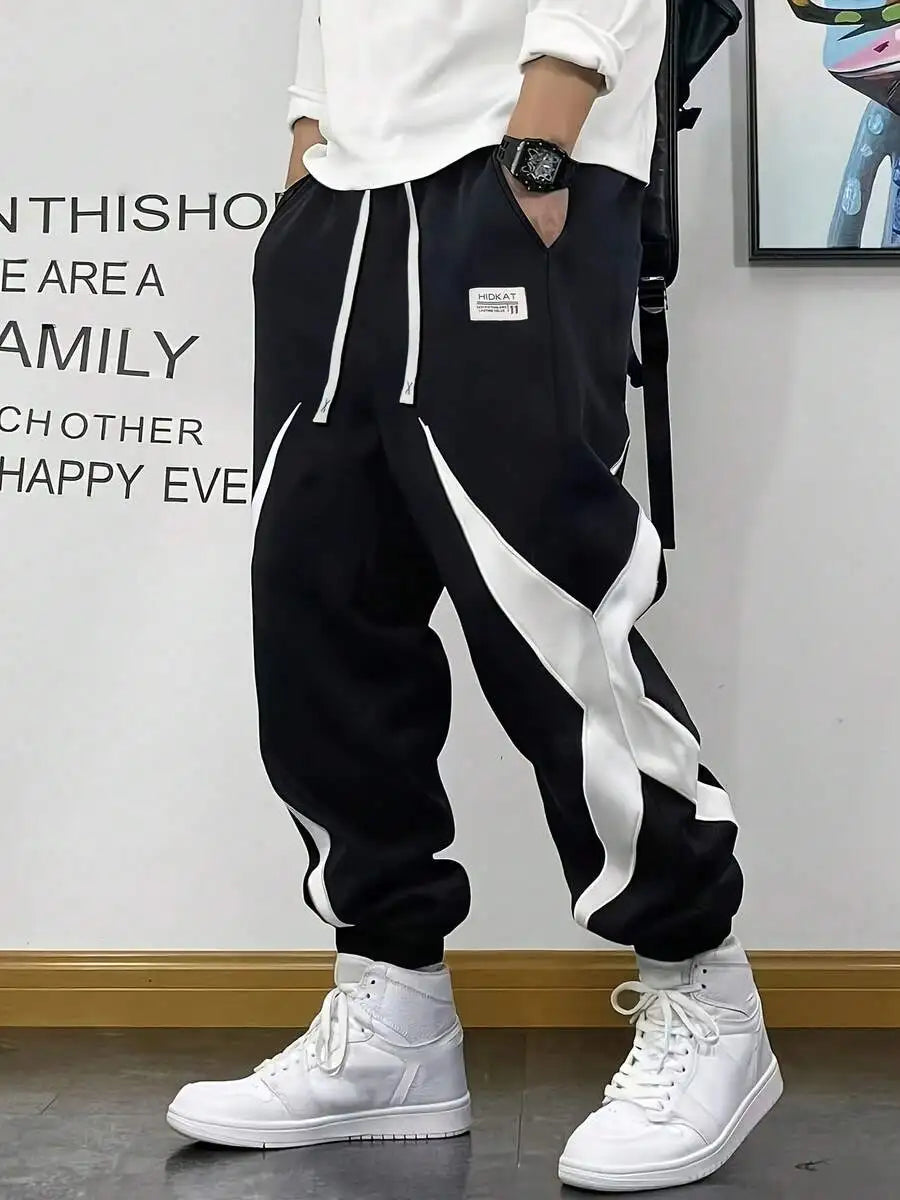 Elastic Waist Drawstring Design Spliced Color-Block Joggers, Spring Autumn Fashion Cuffed Casual Long Pants, Suitable For Daily