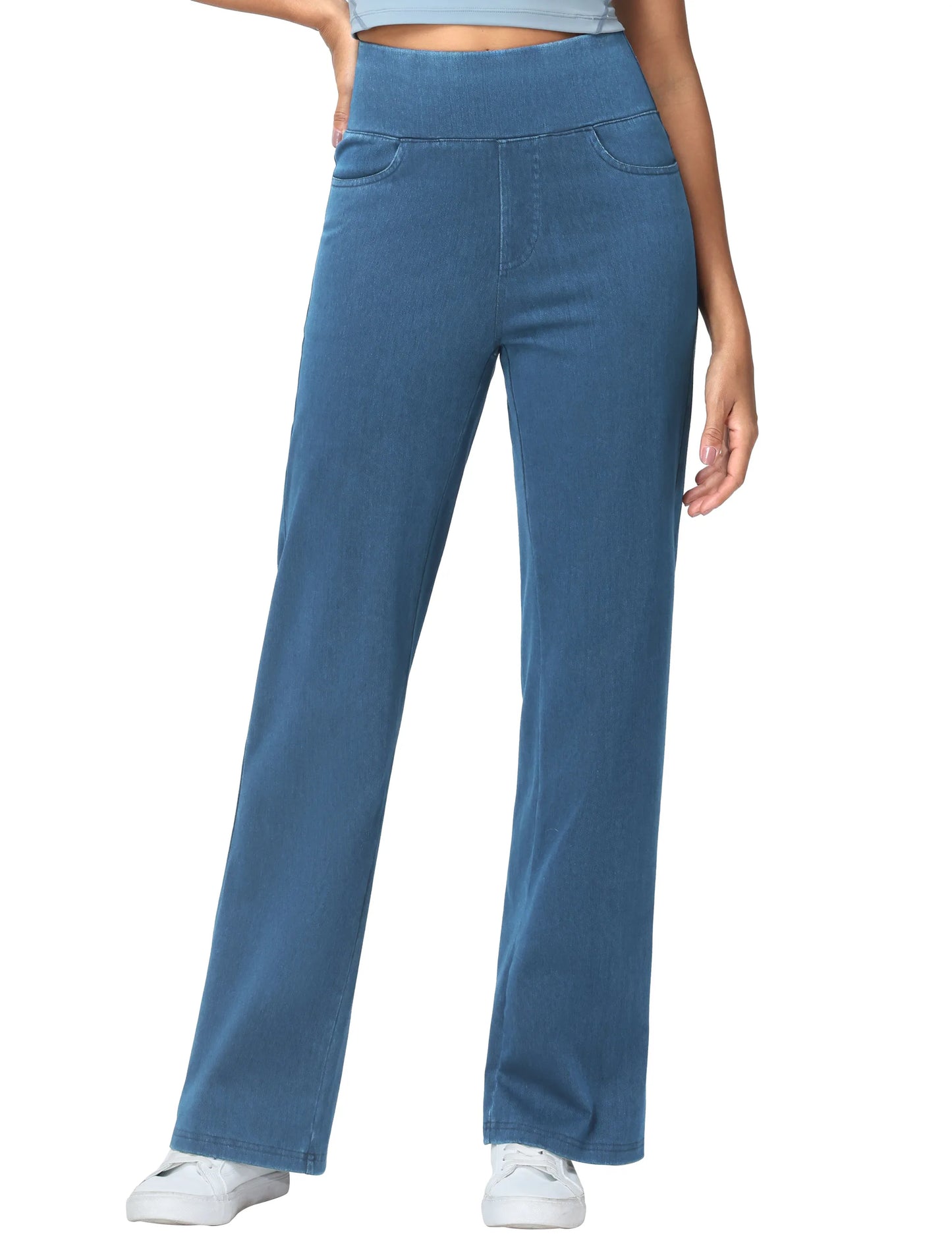 THE GYM PEOPLE Women's Wide Leg Jeans High Waisted Pull on Stretchy Baggy Basic Straight Denim Pants with Pockets
