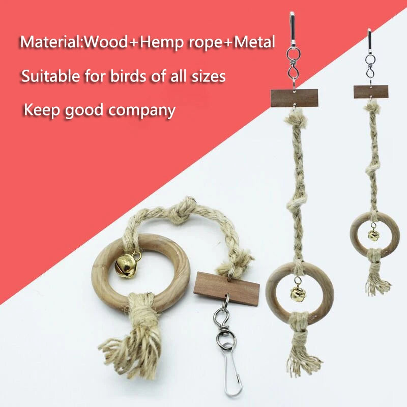 Natural Wood Pet Parrot Raw Rope Swing ladder With Bell Rack Squirrel Bird Parrot Branch Chew Bite Toys Parrot Cage Accessories