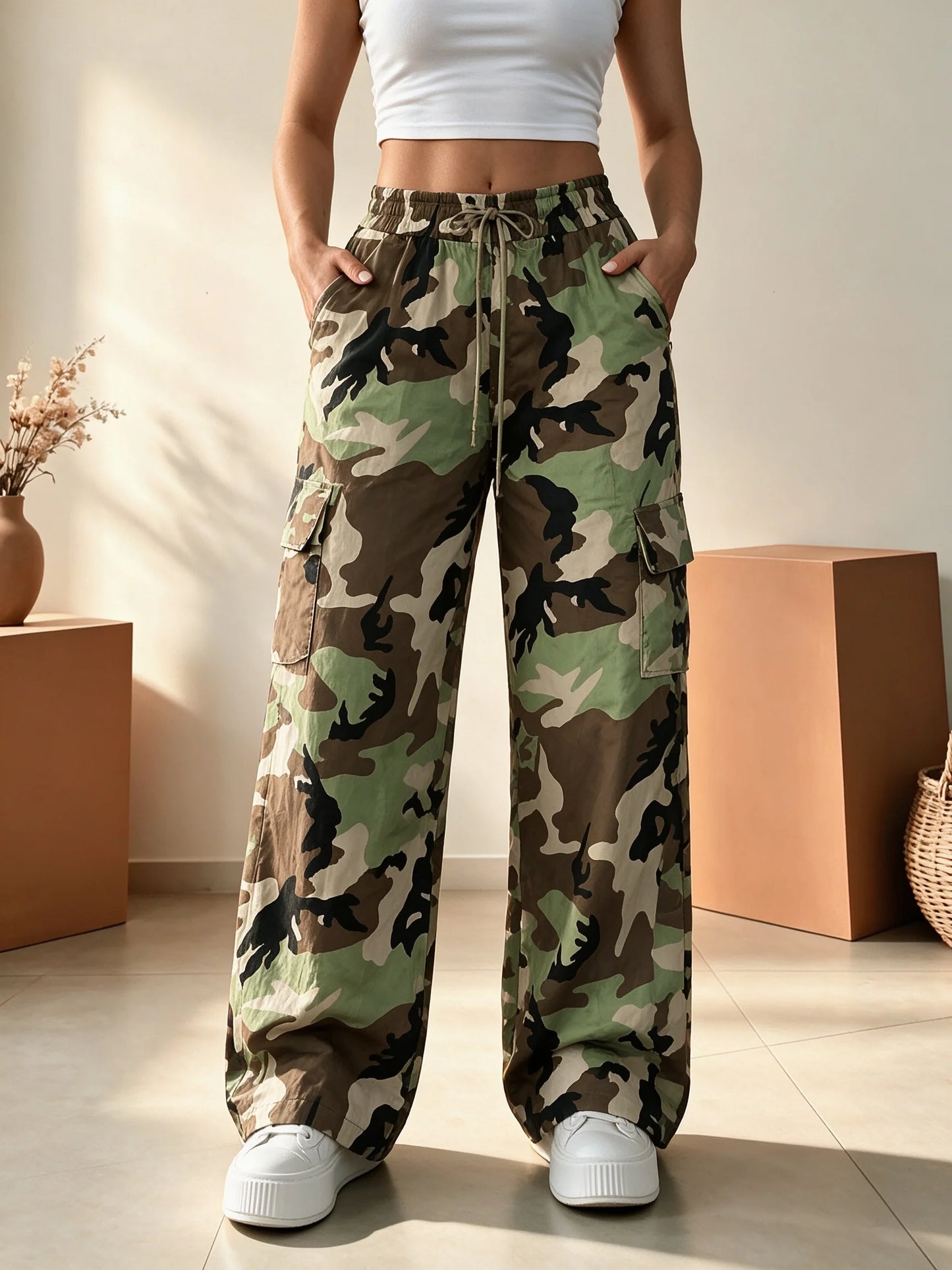 High-Waist Cargo Pants Quick-Dry Lightweight Straight-Wide Leg Trousers Elastic Waistband Non-See-Through Breathable Fabric for Daily Wear 3-Color Options