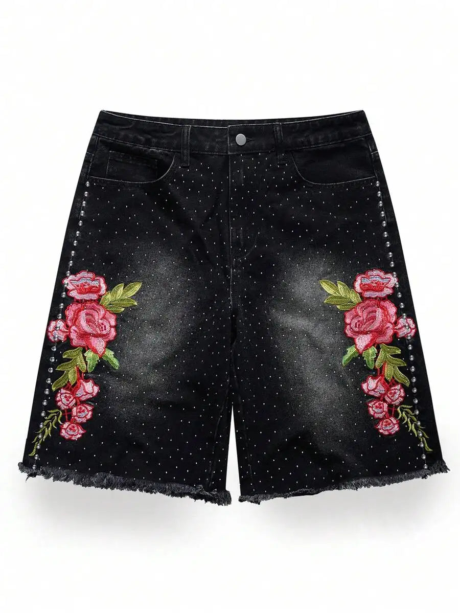 ROMWE MEN Street Life Spring/Summer Casual Men'S Pearl & Diamond Decor Loose Denim Shorts