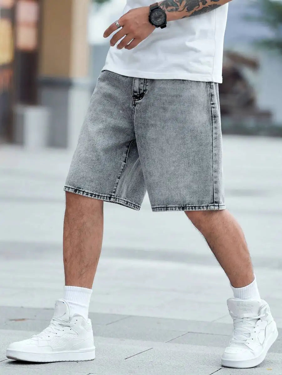 Manfinity Roughcore Men Slant Pocket Denim Shorts Summer Plain Jorts Baggy Light Grey For Husband, Boyfriend Gifts Vacation