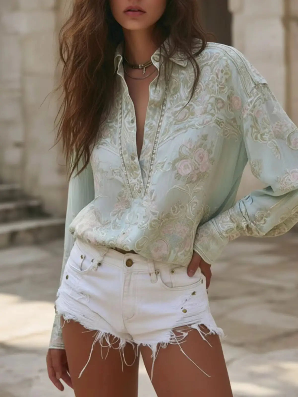Women Lapel Collar Long Sleeve Loose‑Fit Floral Print Shirt Casual V Neck Pullover Top For Daily Outdoor Vacation Street‑Wear