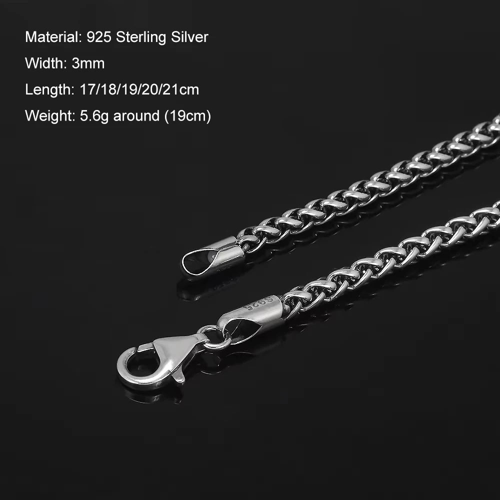 3mm 925 Sterling Silver Wheat Chain Bracelet for Men Handmade Braided Retro Simple Fashion Jewelry Gift US Local Shipping