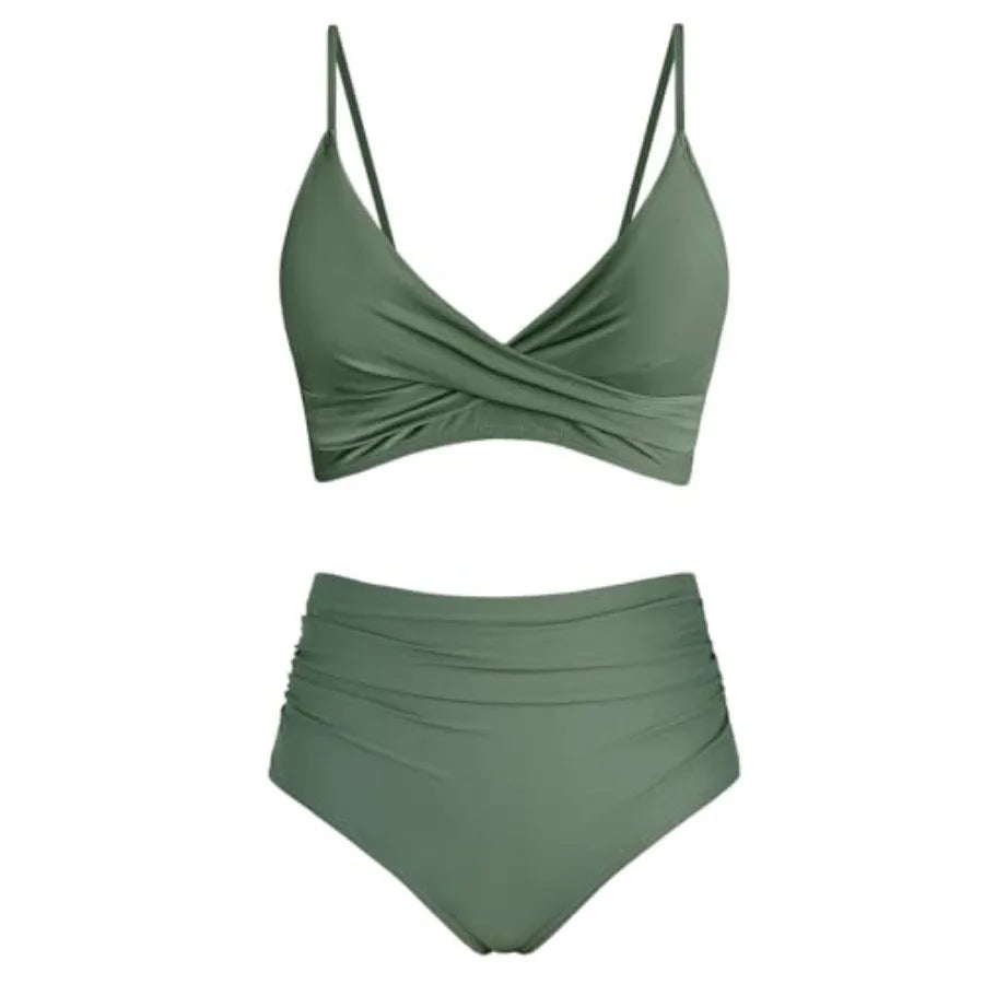 Women's High Waisted Bikini Sets Push Up Twist Front Spaghetti Straps Ruched Two Pcs Swimsuit Bathing Suit